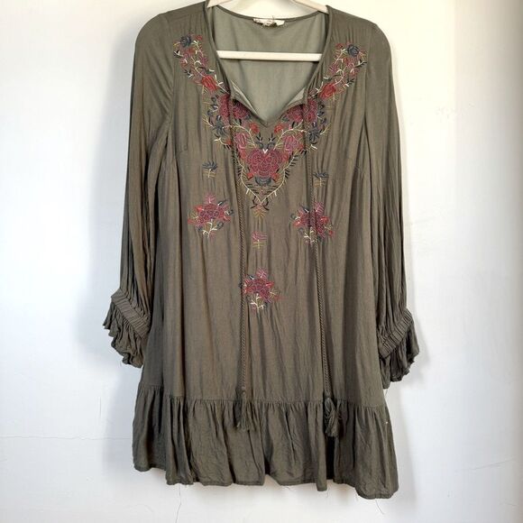 Entro Olive Green Embroidered Boho Dress - S - Picture 1 of 8